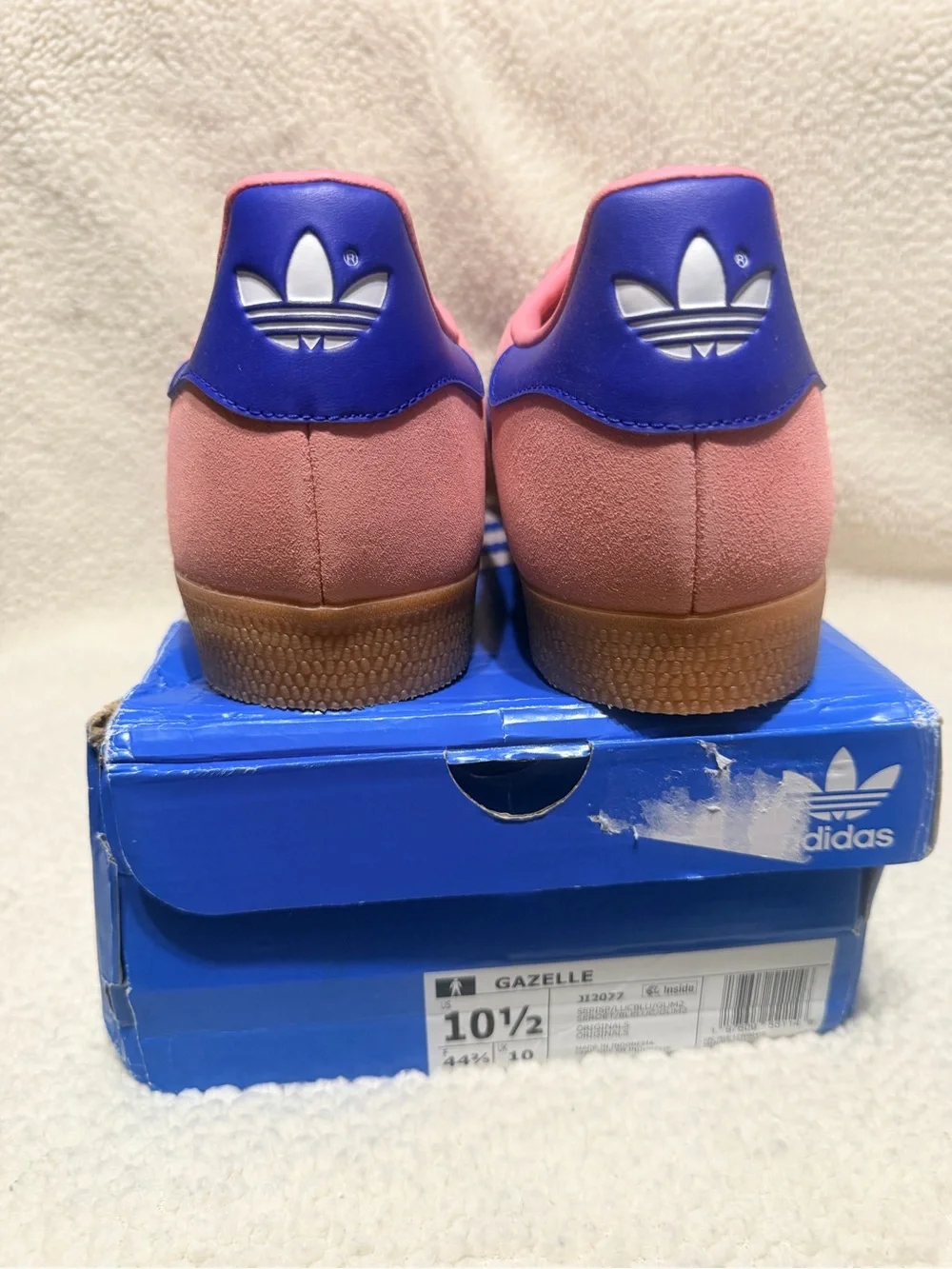 Adidas Gazelle Pink with Blue Stripes and Gum Sole
